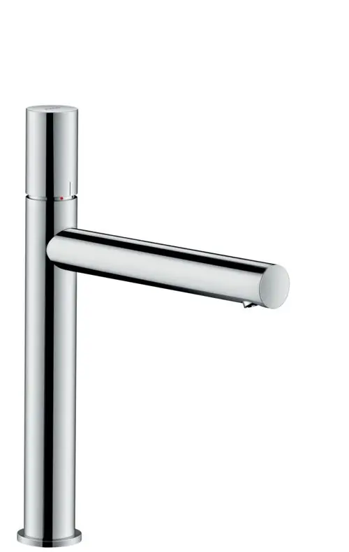 Einhebel-Waschtischmischer von AXOR in glänzendem Chrom-Finish mit ausgezogenem Wasserhahn. Geeignet für Aufsatzwaschtische, mit einfacher Bedienung und slim Design.